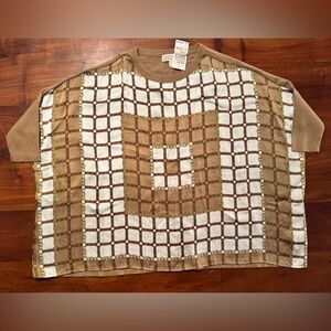 Michael Kors Women’s Camel Brown Scarf Print Wide Fit Boxy Blouse Sz L - NEW